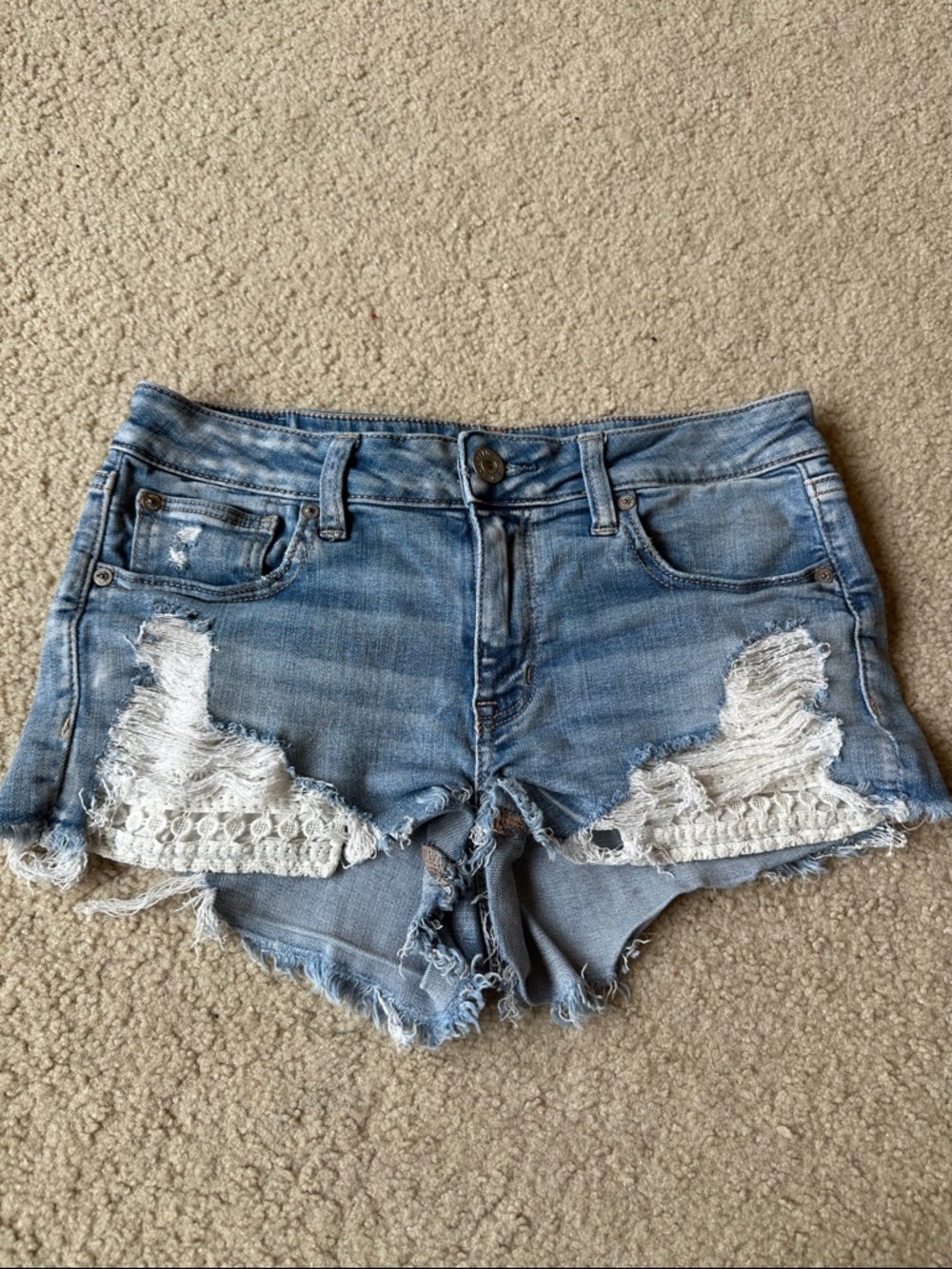American Eagle Outfitters Light Blue Distressed Denim Shorts with Crochet, 8